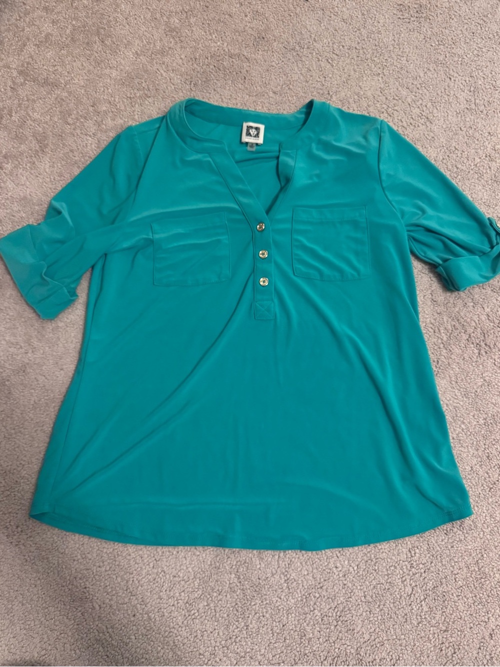 Anne Klein Green Button Placket Pocket Blouse